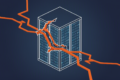 Geometric illustration of data centre infrastructure with broken power line showing grid vulnerability