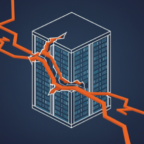 Geometric illustration of data centre infrastructure with broken power line showing grid vulnerability