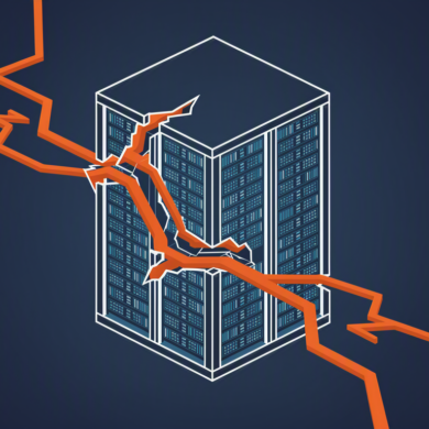 Geometric illustration of data centre infrastructure with broken power line showing grid vulnerability