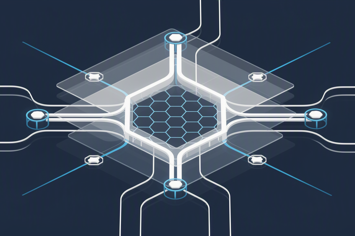 Abstract geometric illustration depicting AI governance frameworks as enabling infrastructure with interconnected pathways and transparent oversight layers