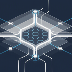 Abstract geometric illustration depicting AI governance frameworks as enabling infrastructure with interconnected pathways and transparent oversight layers