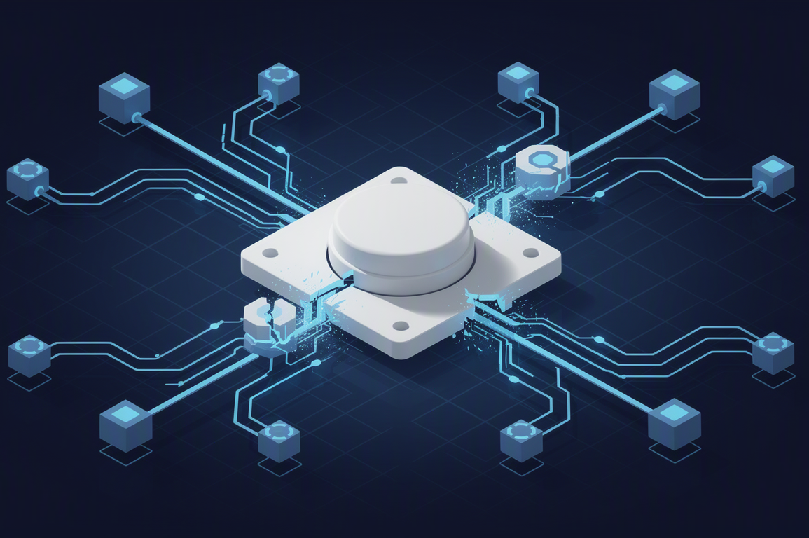 Editorial illustration depicting emergency shutdown mechanism for AI systems with network connections