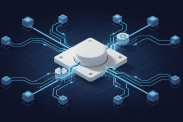 Editorial illustration depicting emergency shutdown mechanism for AI systems with network connections