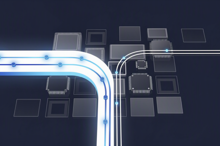 Abstract illustration depicting supply chain allocation between enterprise AI infrastructure and consumer electronics markets