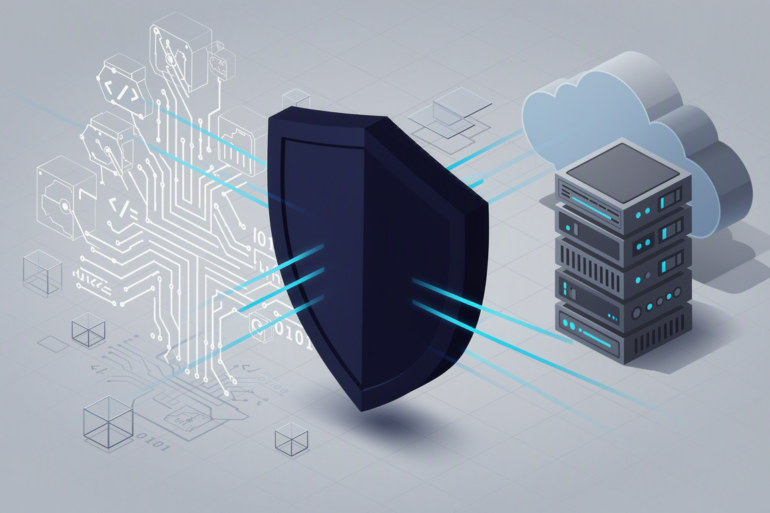 Editorial illustration depicting digital security barrier between technology systems representing Alibaba's ban on AI coding tools