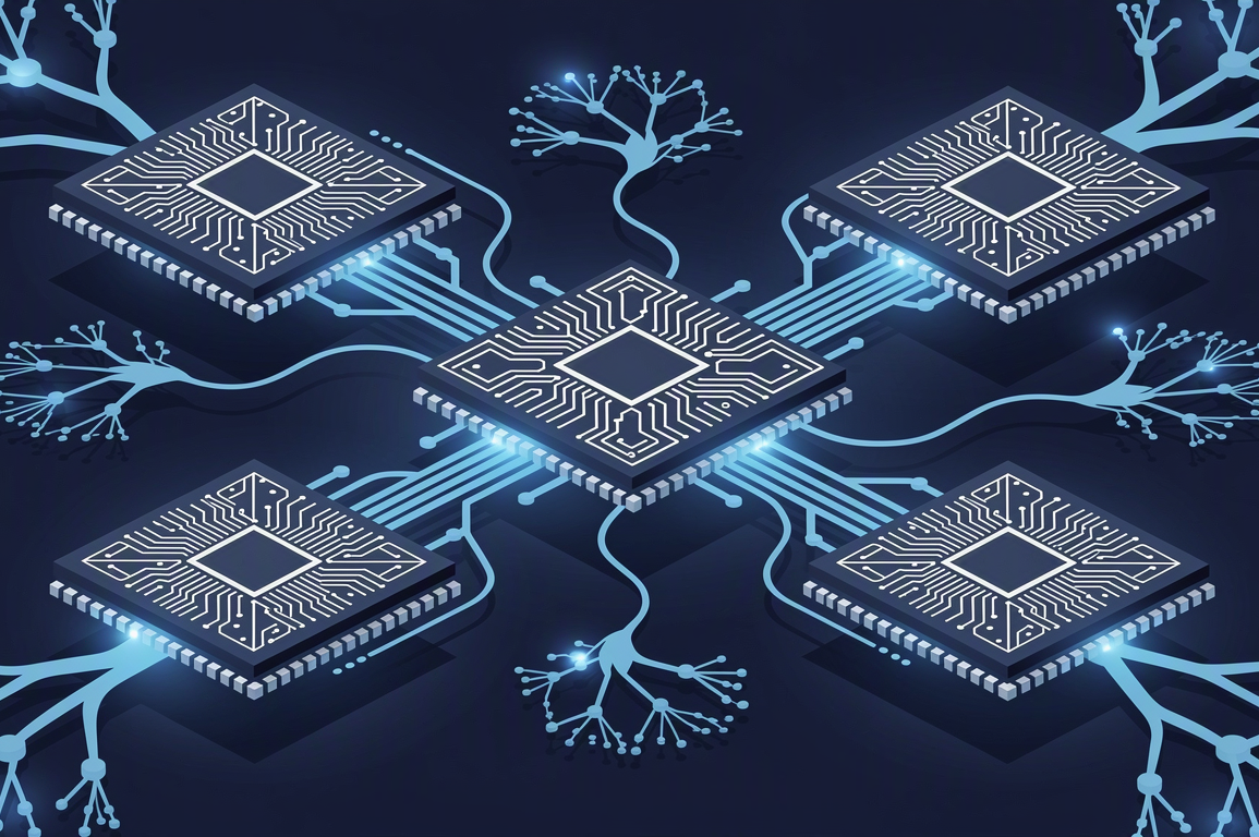 Abstract illustration of computer chips connecting to neural network infrastructure representing AMD and Anthropic partnership
