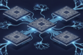 Abstract illustration of computer chips connecting to neural network infrastructure representing AMD and Anthropic partnership