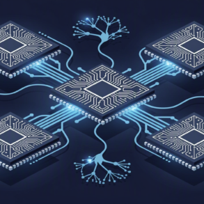 Abstract illustration of computer chips connecting to neural network infrastructure representing AMD and Anthropic partnership