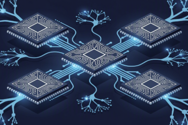 Abstract illustration of computer chips connecting to neural network infrastructure representing AMD and Anthropic partnership