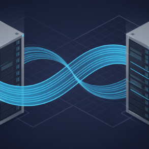 Abstract illustration of competing AI infrastructure systems represented by geometric server rack towers with interconnecting data streams