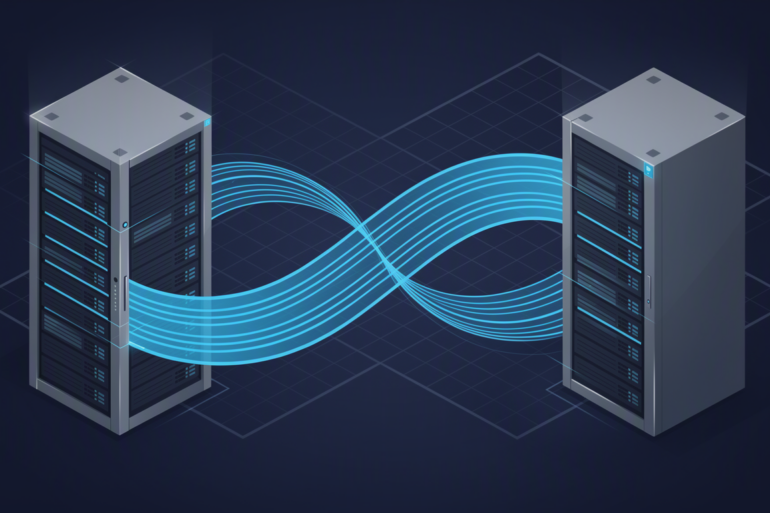 Abstract illustration of competing AI infrastructure systems represented by geometric server rack towers with interconnecting data streams