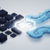 Abstract illustration depicting enterprise infrastructure integrating with AI systems through geometric shapes