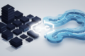 Abstract illustration depicting enterprise infrastructure integrating with AI systems through geometric shapes