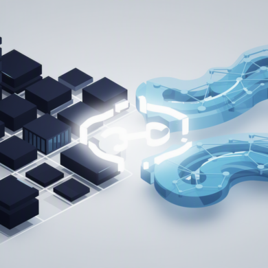 Abstract illustration depicting enterprise infrastructure integrating with AI systems through geometric shapes