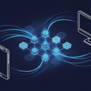 Abstract illustration of mobile and web platforms connected through collaborative AI technology