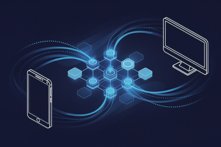 Abstract illustration of mobile and web platforms connected through collaborative AI technology