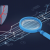Editorial illustration depicting data surveillance and privacy concerns with magnifying glass examining data streams