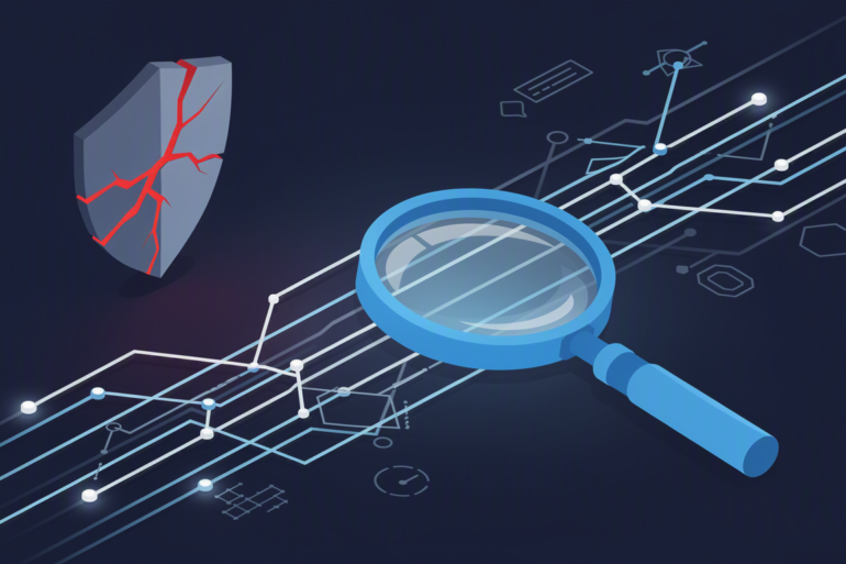 Editorial illustration depicting data surveillance and privacy concerns with magnifying glass examining data streams