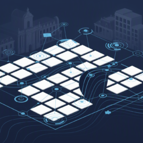 Abstract illustration representing AI-powered workforce management and scheduling systems with geometric patterns and data visualization elements