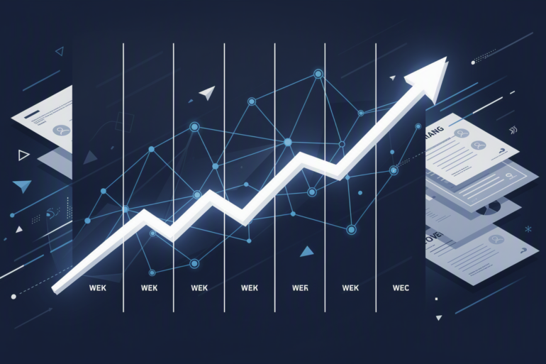 Editorial illustration depicting rapid valuation growth of AI insurance startup over eight-week period with abstract data visualisation elements