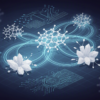Abstract illustration of molecular structures and AI data streams representing materials discovery technology