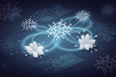 Abstract illustration of molecular structures and AI data streams representing materials discovery technology
