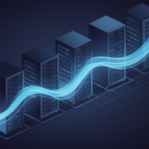 Abstract illustration of data centre infrastructure with electricity flow visualization showing exponential power consumption growth