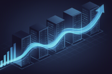 Abstract illustration of data centre infrastructure with electricity flow visualization showing exponential power consumption growth