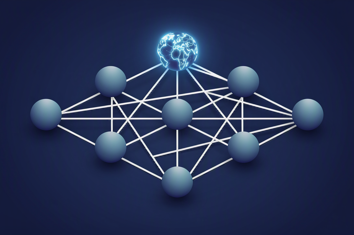 Abstract illustration of hierarchical network structure representing international AI governance coordination