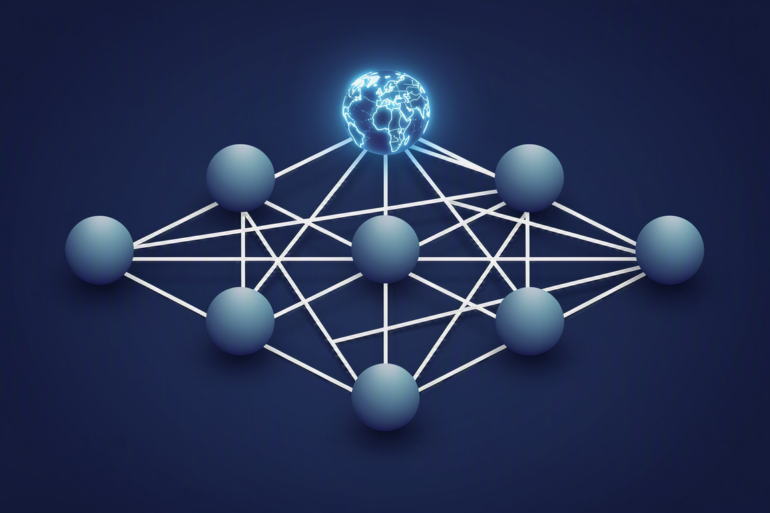 Abstract illustration of hierarchical network structure representing international AI governance coordination