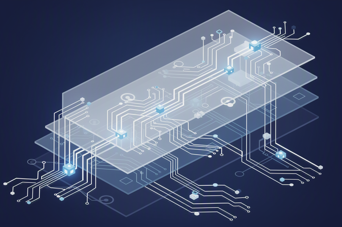 Abstract illustration of ascending computing infrastructure layers representing AI scaling and expansion