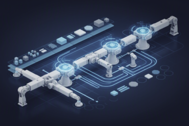 Abstract illustration of robotic interface systems with connected modular components and data pathways