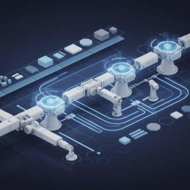 Abstract illustration of robotic interface systems with connected modular components and data pathways