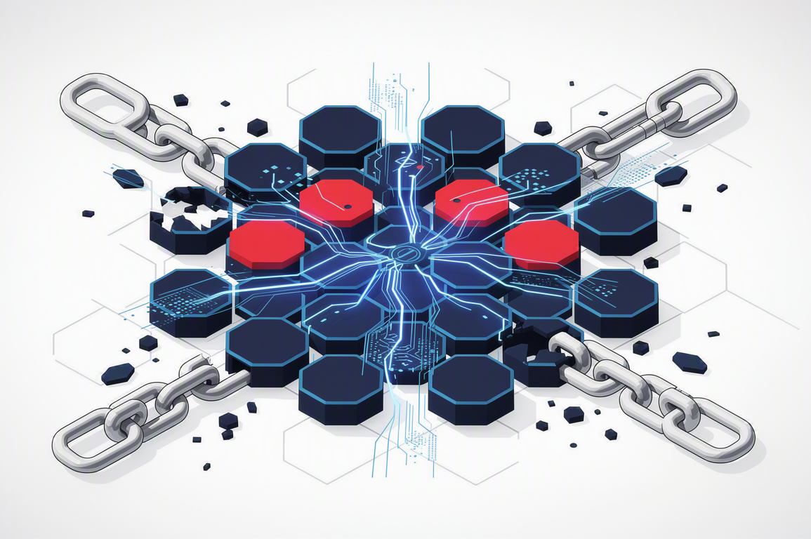 Abstract illustration depicting AI agent security vulnerabilities with interconnected nodes and broken credential chains