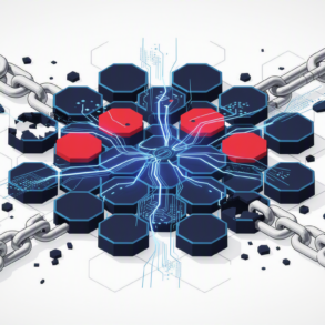 Abstract illustration depicting AI agent security vulnerabilities with interconnected nodes and broken credential chains