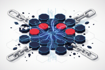Abstract illustration depicting AI agent security vulnerabilities with interconnected nodes and broken credential chains