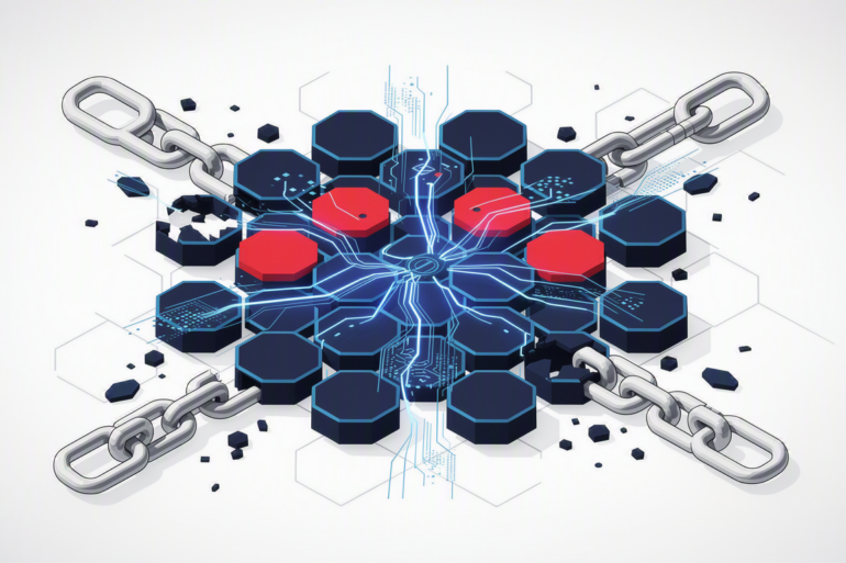 Abstract illustration depicting AI agent security vulnerabilities with interconnected nodes and broken credential chains