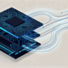 Abstract illustration of AI inference chip architecture with layered circuits and data pathways