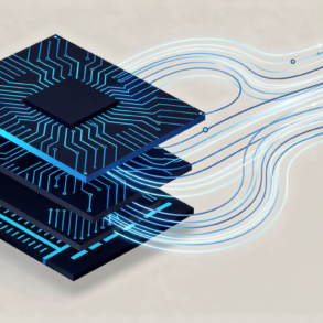Abstract illustration of AI inference chip architecture with layered circuits and data pathways