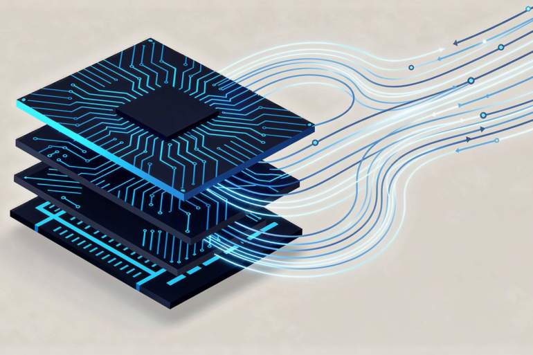 Abstract illustration of AI inference chip architecture with layered circuits and data pathways