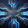 Abstract illustration of specialised AI chip architecture with geometric circuit patterns and data pathways
