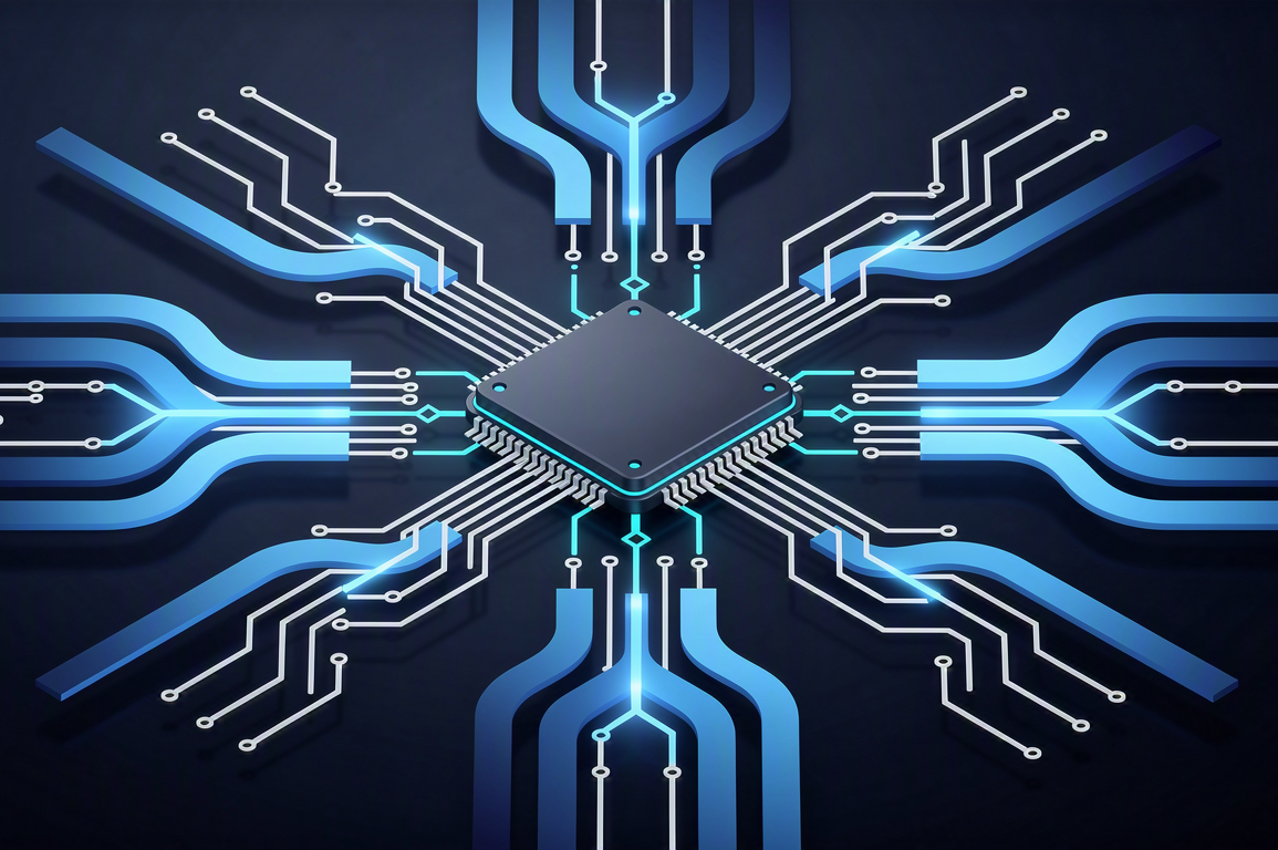 Abstract illustration of specialised AI chip architecture with geometric circuit patterns and data pathways