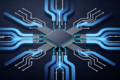 Abstract illustration of specialised AI chip architecture with geometric circuit patterns and data pathways