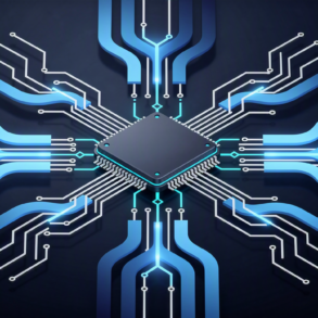Abstract illustration of specialised AI chip architecture with geometric circuit patterns and data pathways