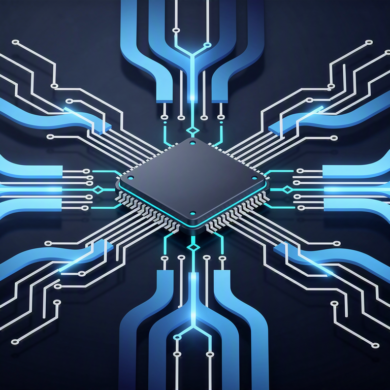 Abstract illustration of specialised AI chip architecture with geometric circuit patterns and data pathways