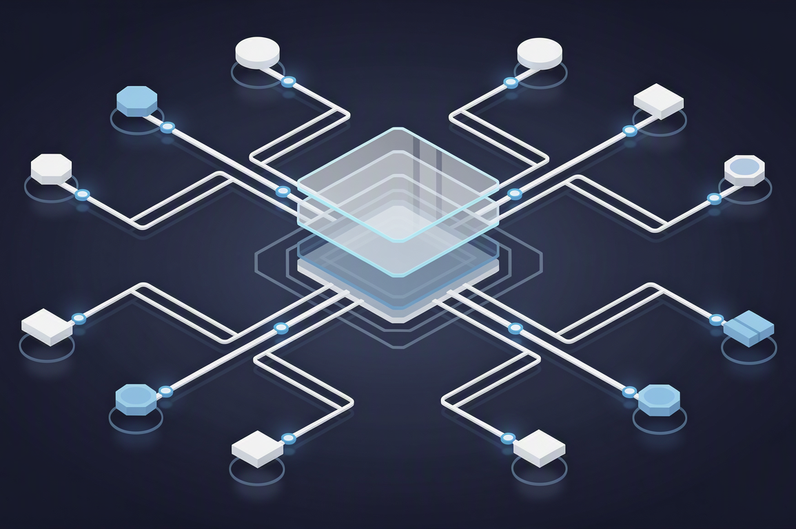Abstract geometric illustration depicting EU AI Act regulatory framework with interconnected compliance structures and liability chains