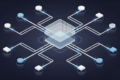 Abstract geometric illustration depicting EU AI Act regulatory framework with interconnected compliance structures and liability chains