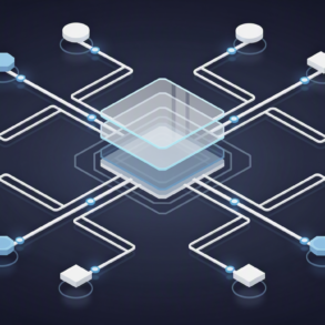 Abstract geometric illustration depicting EU AI Act regulatory framework with interconnected compliance structures and liability chains