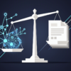Abstract illustration of regulatory balance scale weighing AI innovation against oversight mechanisms
