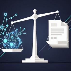 Abstract illustration of regulatory balance scale weighing AI innovation against oversight mechanisms